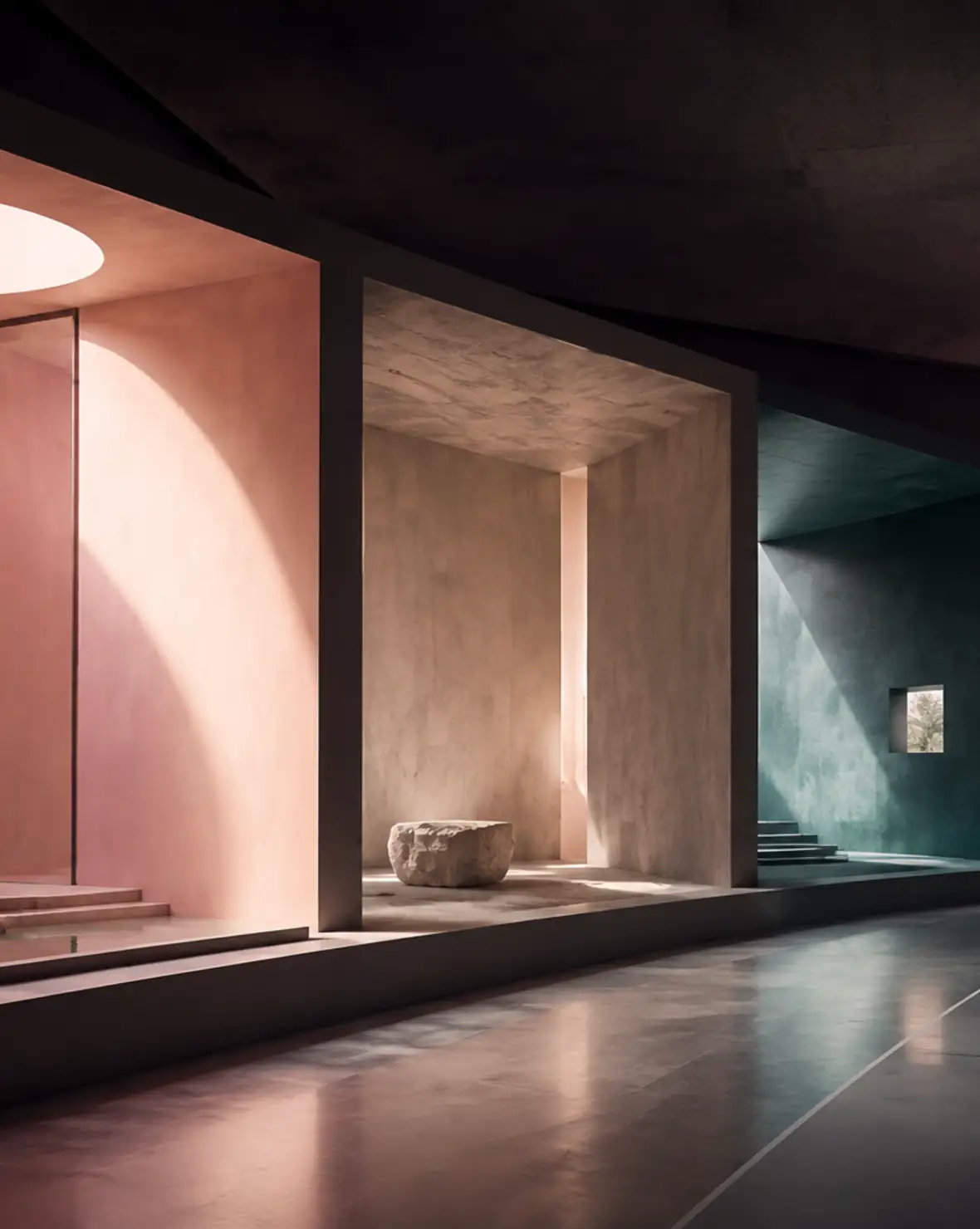 Galería oscura con cuatro cámaras arquitectónicas iluminadas en rosa, piedra, verde y ciruela